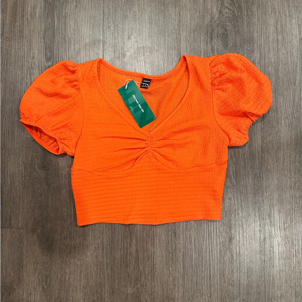 SHEIN Bright Orange Puff Sleeve Crop Top